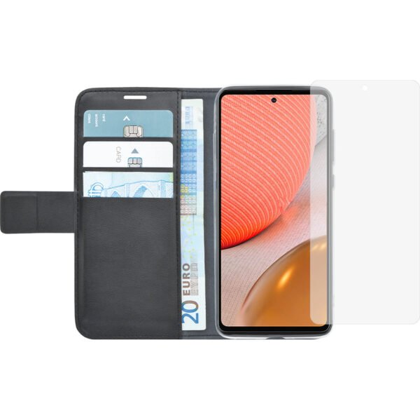 Azuri Wallet Samsung Galaxy A72 Book Case Zwart + Azuri Tempered Glass Screenprotector - vergelijk en bespaar - Vergelijk365