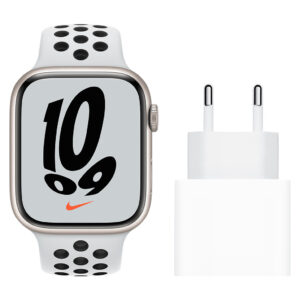 Apple Watch Nike Series 7 45mm Witgoud Aluminium Witte Sportband + Apple Usb C Oplader 20W - vergelijk en bespaar - Vergelijk365