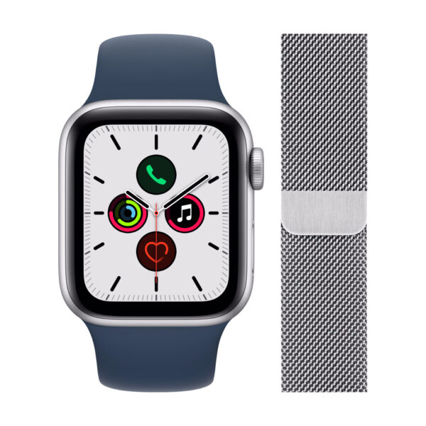 Apple Watch SE 40mm Zilver Aluminium Blauwe Sportband + Polsband Milanees Zilver - vergelijk en bespaar - Vergelijk365