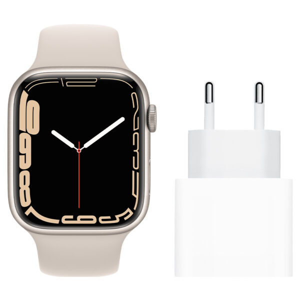 Apple Watch Series 7 45mm Witgoud Aluminium Crème Sportband + Apple Usb C Oplader 20W - vergelijk en bespaar - Vergelijk365