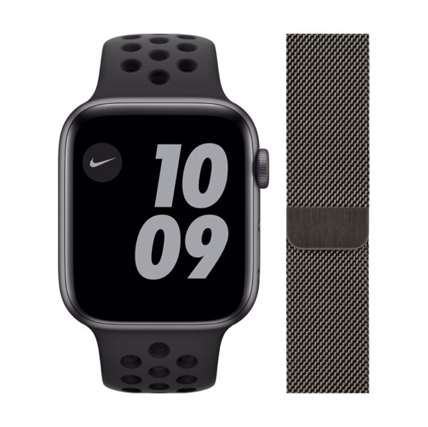 Apple Watch Nike SE 4G 44mm Space Grey Aluminium Zwarte Sportband + Polsband Milanees Graf - vergelijk en bespaar - Vergelijk365