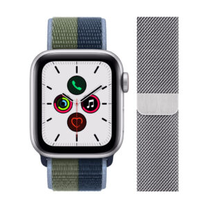 Apple Watch SE 4G 44mm Zilver Aluminium Blauw/Groen Nylon Sport Loop + Polsband Milanees - vergelijk en bespaar - Vergelijk365