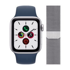 Apple Watch SE 4G 44mm Zilver Aluminium Blauwe Sportband + Polsband Milanees Zilver - vergelijk en bespaar - Vergelijk365