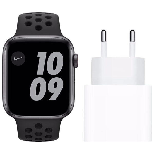 Apple Watch Nike SE 4G 44mm Space Grey Aluminium Zwarte Sportband + Usb C Oplader 20W - vergelijk en bespaar - Vergelijk365