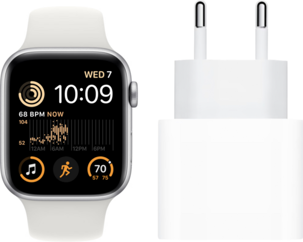 Apple Watch SE (2022) 4G 44mm Zilver Aluminium Witte Sportband + Oplader - vergelijk en bespaar - Vergelijk365
