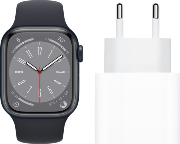 Apple Watch Series 8 45mm Midnight Aluminium Midnight Sportband + Oplader - vergelijk en bespaar - Vergelijk365
