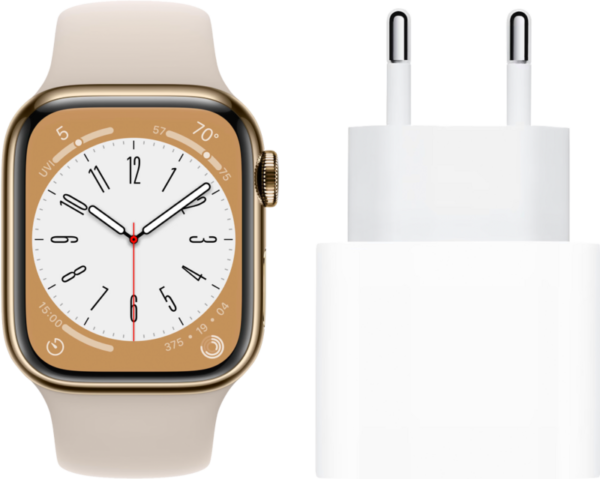 Apple Watch Series 8 4G 45mm Goud Rvs Starlight Sportband + Oplader - vergelijk en bespaar - Vergelijk365