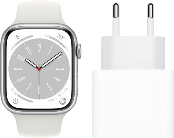 Apple Watch Series 8 4G 45mm Zilver Aluminium Witte Sportband + Oplader - vergelijk en bespaar - Vergelijk365