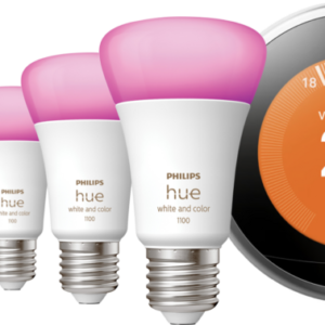 Google Nest Learning Thermostat V3 Premium Zilver + Philips Hue White and Color Starter Pack E27 met 3 lampen