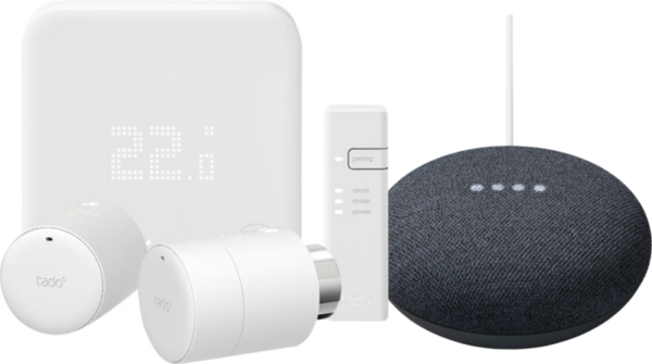Tado Slimme Thermostaat V3+ Startpakket + 2 radiatorknoppen + Google Nest Mini Grijs - vergelijk en bespaar - Vergelijk365