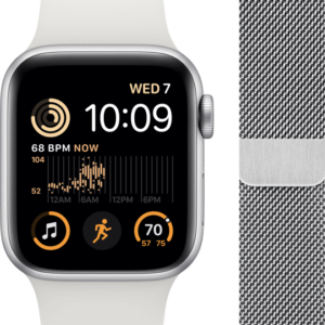 Apple Watch SE (2022) 40mm Zilver Aluminium Witte Sportband + Polsband Milanees Zilver - vergelijk en bespaar - Vergelijk365