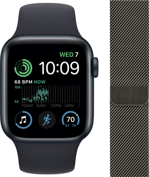 Apple Watch SE (2022) 44mm Midnight Aluminium Sportband + Polsband Milanees Grafiet - vergelijk en bespaar - Vergelijk365