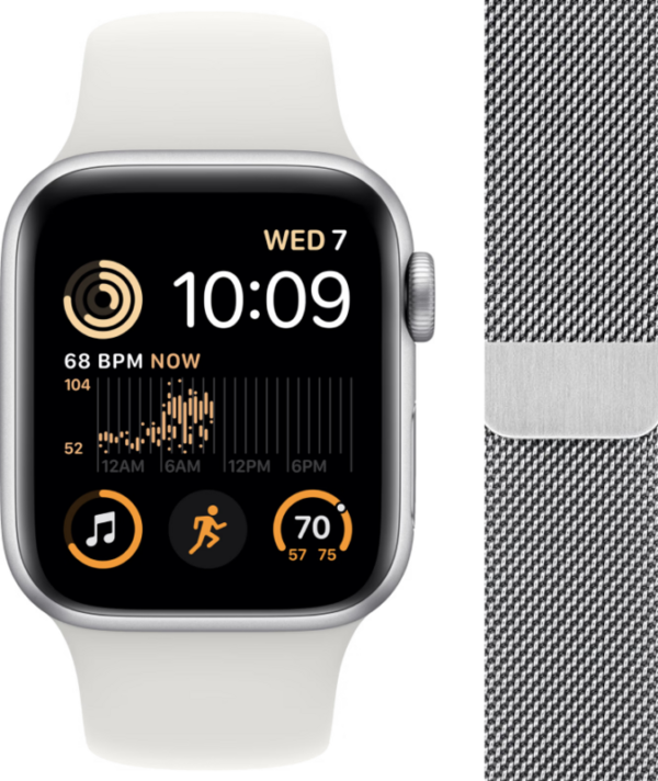 Apple Watch SE (2022) 44mm Zilver Aluminium Witte Sportband + Polsband Milanees Zilver - vergelijk en bespaar - Vergelijk365