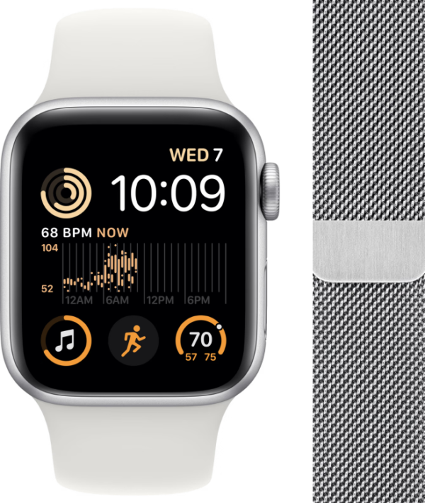 Apple Watch SE (2022) 4G 40mm Zilver Aluminium Witte Sportband + Polsband Milanees Zilver - vergelijk en bespaar - Vergelijk365