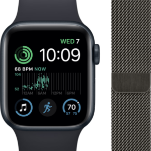 Apple Watch SE (2022) 4G 44mm Midnight Aluminium Sportband + Polsband Milanees Grafiet - vergelijk en bespaar - Vergelijk365