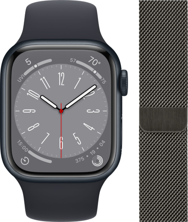 Apple Watch Series 8 41mm Midnight Aluminium Sportband + Polsband Milanees Grafiet - vergelijk en bespaar - Vergelijk365
