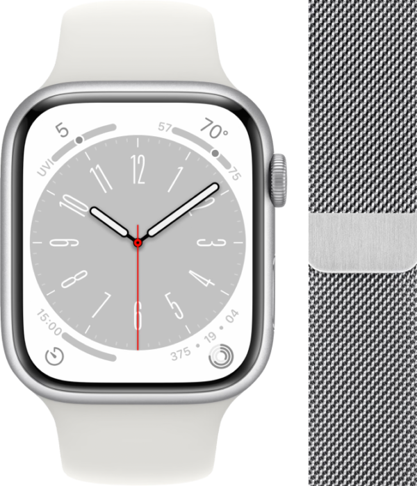 Apple Watch Series 8 41mm Zilver Aluminium Witte Sportband + Polsband Milanees Zilver - vergelijk en bespaar - Vergelijk365