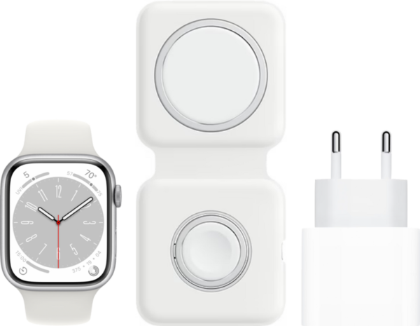 Apple Watch Series 8 45mm Zilver Aluminium Witte Sportband + MagSafe Oplaadpakket - vergelijk en bespaar - Vergelijk365