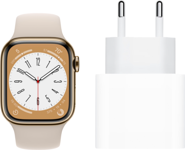 Apple Watch Series 8 4G 41mm Goud Rvs Starlight Sportband + Oplader - vergelijk en bespaar - Vergelijk365