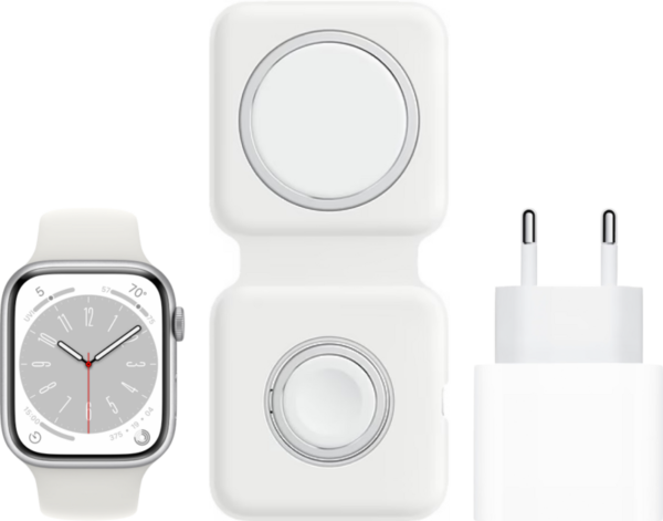 Apple Watch Series 8 4G 41mm Zilver Aluminium Witte Sportband + MagSafe Oplaadpakket - vergelijk en bespaar - Vergelijk365