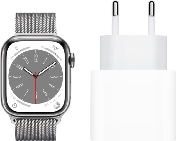 Apple Watch Series 8 4G 41mm Zilver Rvs Milanese Polsband + Oplader - vergelijk en bespaar - Vergelijk365