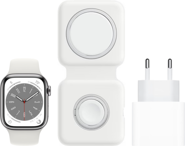 Apple Watch Series 8 4G 41mm Zilver Rvs Witte Sportband + MagSafe Oplaadpakket - vergelijk en bespaar - Vergelijk365