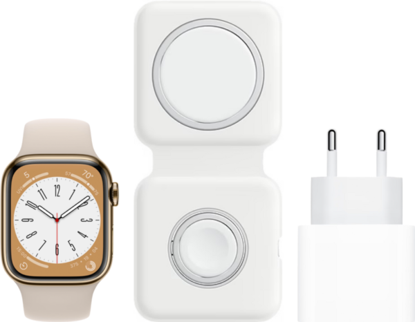 Apple Watch Series 8 4G 45mm Goud Rvs Starlight Polsband + MagSafe Oplaadpakket - vergelijk en bespaar - Vergelijk365