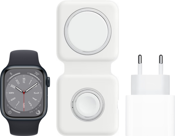 Apple Watch Series 8 4G 45mm Midnight Aluminium Midnight Sportband + MagSafe Oplaadpakket - vergelijk en bespaar - Vergelijk365