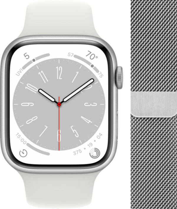 Apple Watch Series 8 4G 45mm Zilver Aluminium Witte Sportband + Polsband Milanees Zilver - vergelijk en bespaar - Vergelijk365
