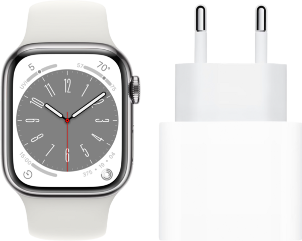 Apple Watch Series 8 4G 45mm Zilver Rvs Witte Sportband + Oplader - vergelijk en bespaar - Vergelijk365