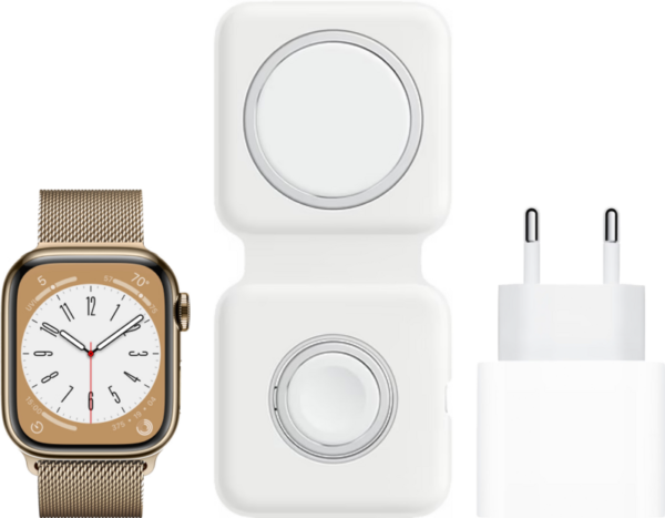 Apple Watch Series 8 4G 45mm Goud Rvs Milanese Polsband + MagSafe Oplaadpakket - vergelijk en bespaar - Vergelijk365