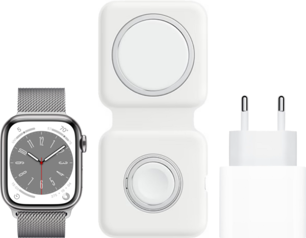 Apple Watch Series 8 4G 45mm Zilver Rvs Milanese Polsband + MagSafe Oplaadpakket - vergelijk en bespaar - Vergelijk365