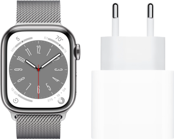 Apple Watch Series 8 4G 45mm Zilver Rvs Milanese Polsband + Oplader - vergelijk en bespaar - Vergelijk365