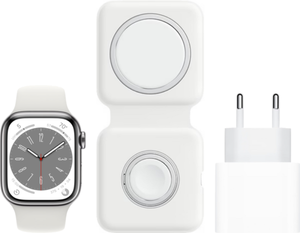 Apple Watch Series 8 4G 45mm Zilver Rvs Witte Sportband + MagSafe Oplaadpakket - vergelijk en bespaar - Vergelijk365