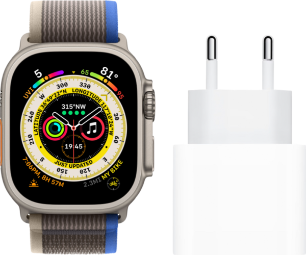 Apple Watch Ultra 4G 49mm Titanium Blauw/Grijze Trail Band S/M + Oplader - vergelijk en bespaar - Vergelijk365