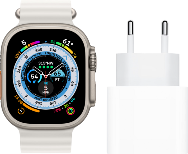 Apple Watch Ultra 4G 49mm Titanium Witte Ocean Sportband + Oplader - vergelijk en bespaar - Vergelijk365