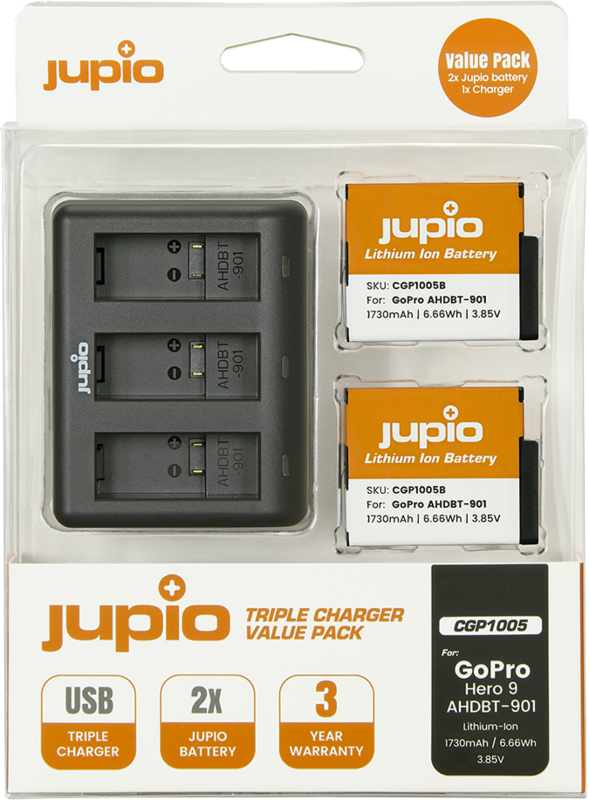 Jupio Kit: Battery GoPro HERO 9/10 AHDBT-901 (2x) + Compact USB Triple Charger - vergelijk en bespaar - Vergelijk365