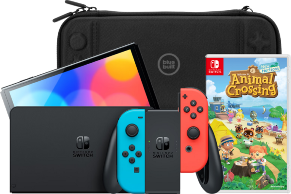 Nintendo Switch OLED Blauw/Rood + Animal Crossing New Horizons + Bluebuilt Travel Case - vergelijk en bespaar - Vergelijk365