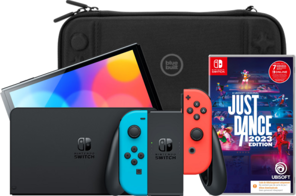 Nintendo Switch OLED Blauw/Rood + Just Dance 2023 + Bluebuilt Travel Case - vergelijk en bespaar - Vergelijk365