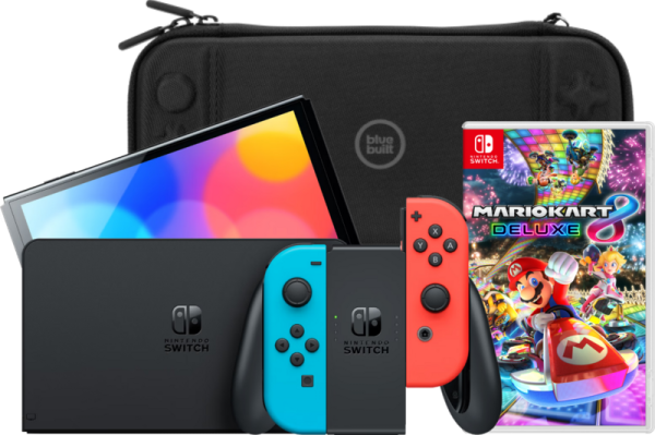 Nintendo Switch OLED Blauw/Rood + Mario Kart 8 Deluxe + Bluebuilt Travel Case - vergelijk en bespaar - Vergelijk365