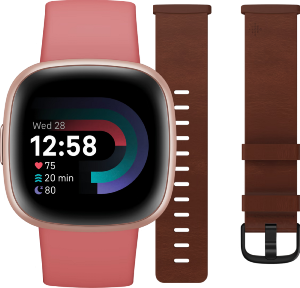 Fitbit Versa 4 Roze + Leren Bandje Bruin L - vergelijk en bespaar - Vergelijk365