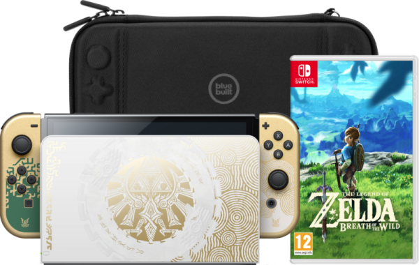 Nintendo Switch OLED Zelda Edition + Zelda: Breath of the Wild + Bluebuilt Beschermhoes - vergelijk en bespaar - Vergelijk365