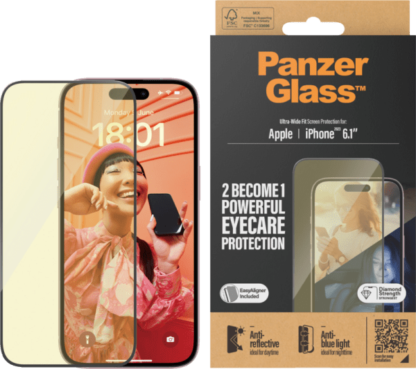 PanzerGlass Ultra-Wide Fit Apple iPhone 15 Blauw Licht Filter Screenprotector Glas Zwart - vergelijk en bespaar - Vergelijk365