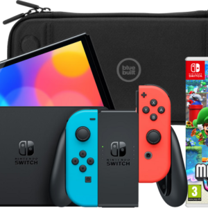 Nintendo Switch OLED Rood/Blauw + Super Mario Bros. Wonder + BlueBuilt Beschermhoes - vergelijk en bespaar - Vergelijk365