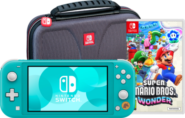 Nintendo Switch Lite Turquoise + Super Mario Bros. Wonder + Beschermhoes - vergelijk en bespaar - Vergelijk365
