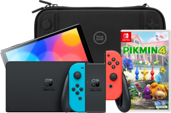 Nintendo Switch OLED Rood/Blauw + Pikmin 4 + BlueBuilt Beschermhoes - vergelijk en bespaar - Vergelijk365