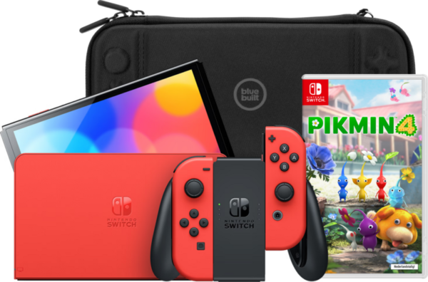 Nintendo Switch OLED Super Mario Editie + Pikmin 4 + BlueBuilt Beschermhoes - vergelijk en bespaar - Vergelijk365