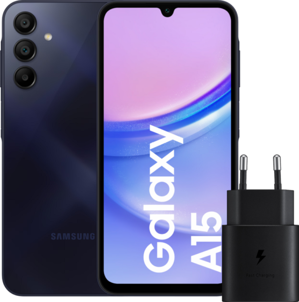 Samsung Galaxy A15 128GB Zwart 4G + Samsung Oplader 25 Watt Zwart - vergelijk en bespaar - Vergelijk365